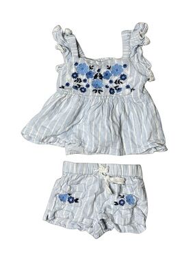 Max Studio Light Blue & White Striped Floral Embroidered Two-Piece Set